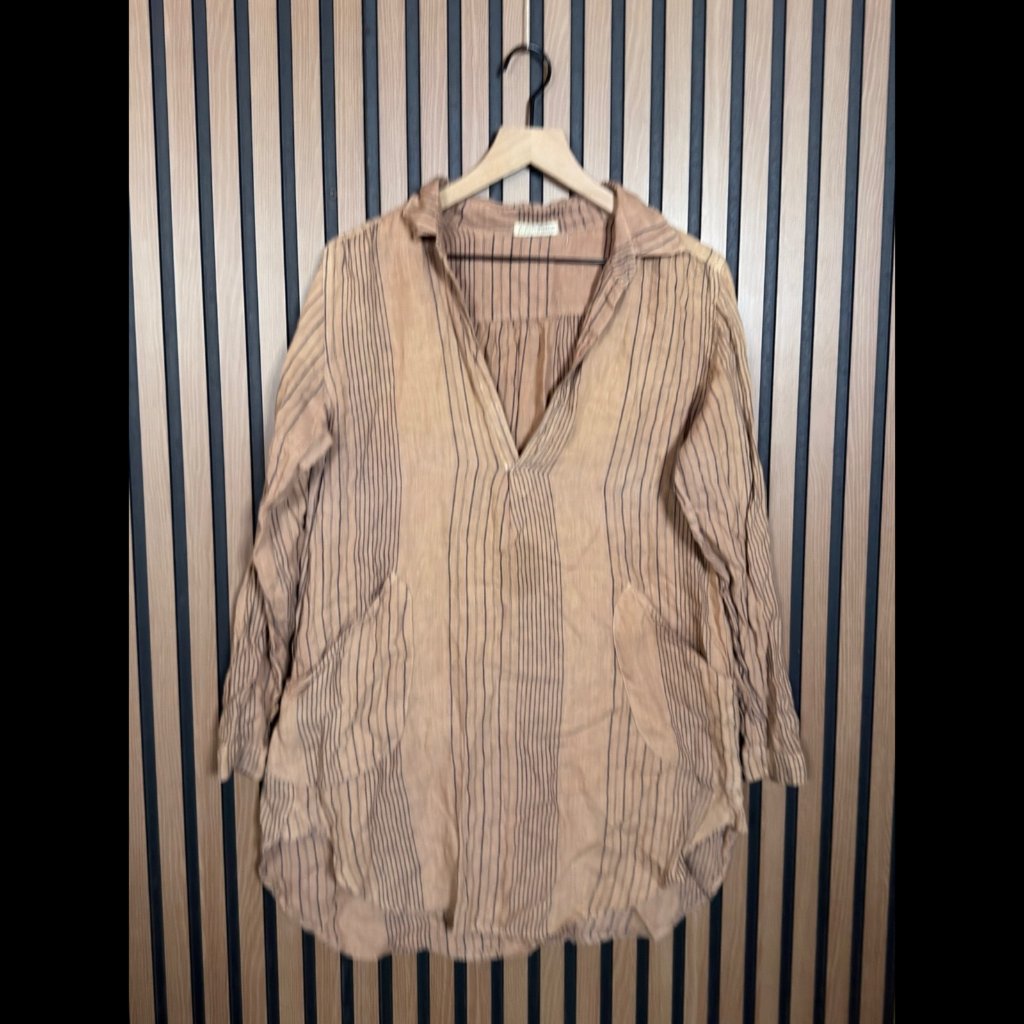 Free People X Cp Shades Tunic Top Xs Womens Beige Orange Striped 100% Linen
